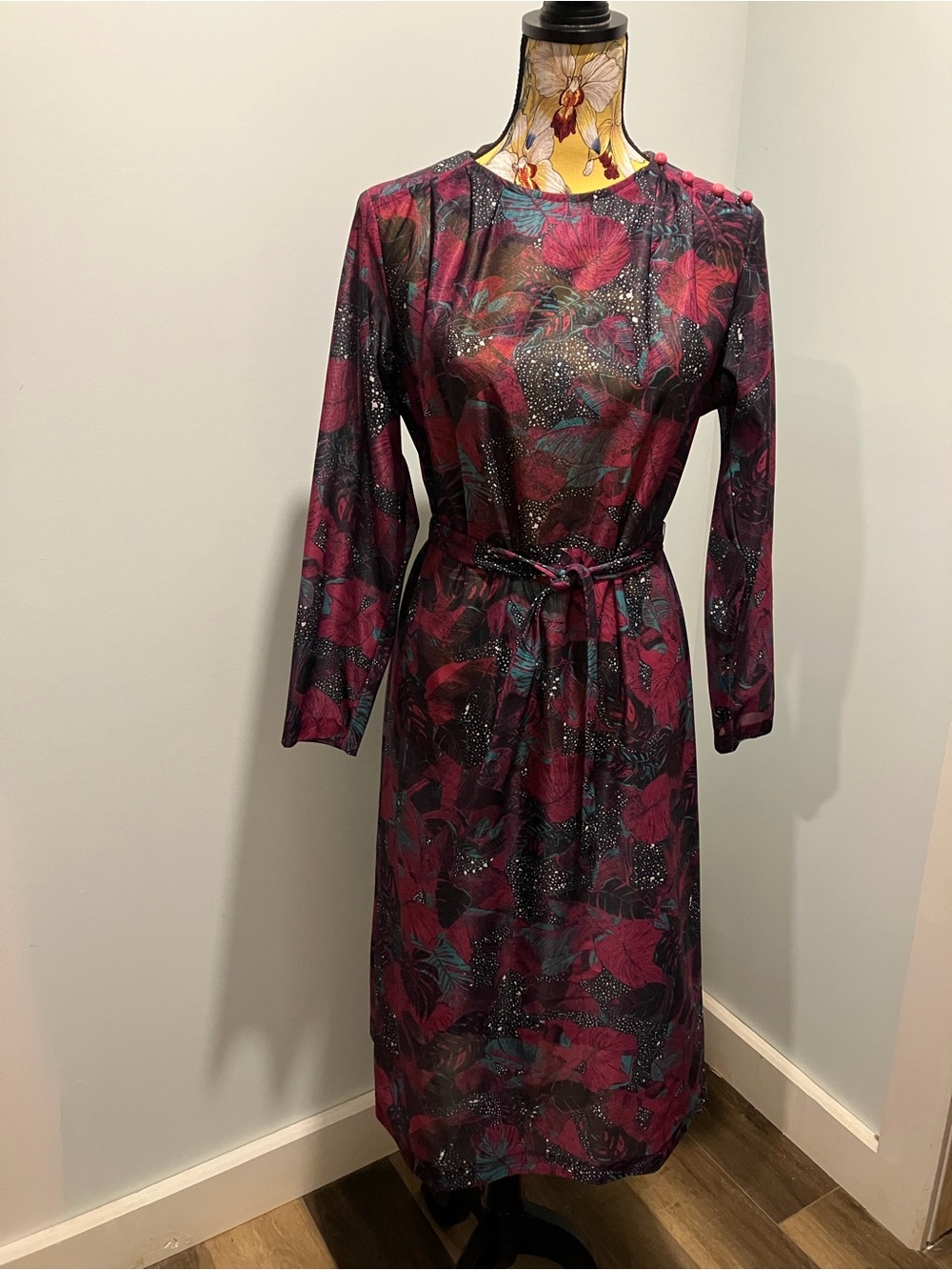 Vintage Burgundy Floral Ruby Lou Shift Dress 1970s Size 12